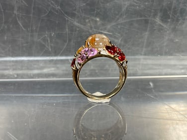 Lovely 925 KH Gold Toned Sterling Silver Ring with Multi Colors Gemstone Inlaid