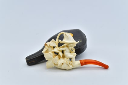 Victorian Hand-Carved Figure & Flower Meerschaum Pipe w/Amber Mouthpiece in Original Case