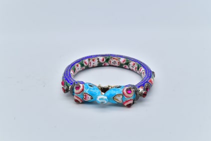 Antique Indian Meenakari Silver Enameled Double Elephant Bangle w/Red Ruby Inlaid