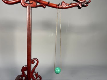 Large Vintage Round Green Jade Pendant w/12K Gold Necklace