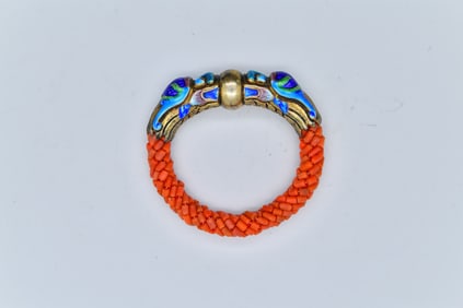 Fine Antique Asian Gilt Silver Enameled Dragon Chasing Woven Red Coral Bangle