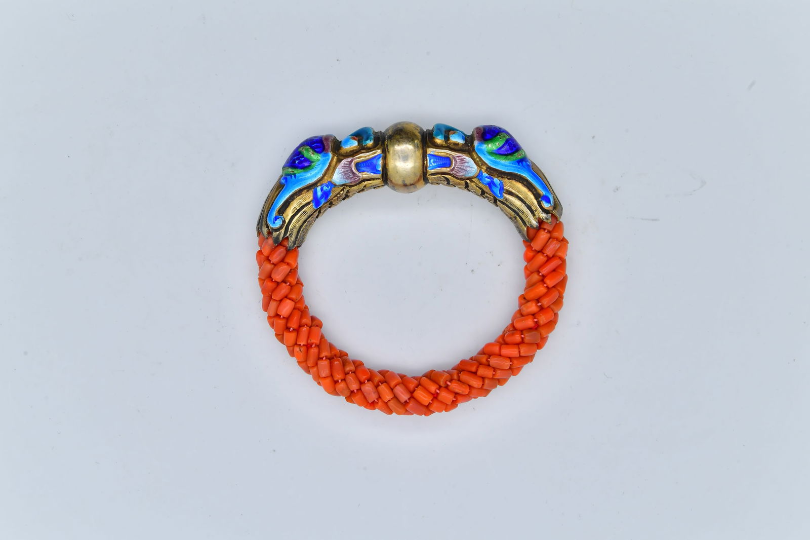 Fine Antique Asian Gilt Silver Enameled Dragon Chasing Woven Red Coral Bangle (1 of 5)