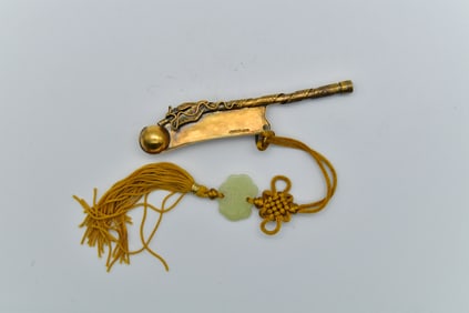 Signed Antique High Quality Brass Boatswain's Pipe/Bosun's Whistle w/Jade Tassel Pendant