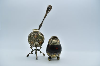 Two Vintage Antique Argentina Tea Yerba Mate Cups & Bombilla Straw