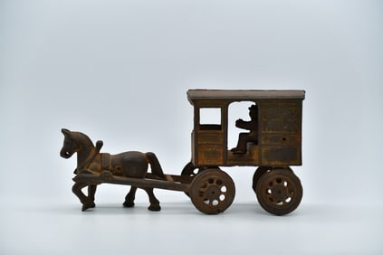 Rare Antique Cast Iron Metal Fresh Milk Wagon w/Horse, Buggy & Driver