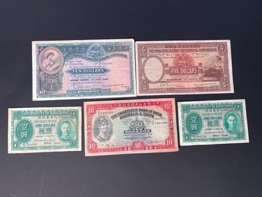 Five PCS Old Hong Kong Dollar Banknotes, 1946, 1948, 1949