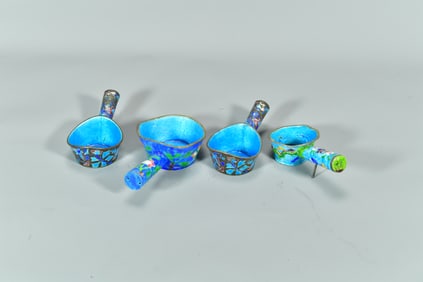 Lot of 4 Antique Chinese Blue Enamel Cloisonne Mini Silk Irons