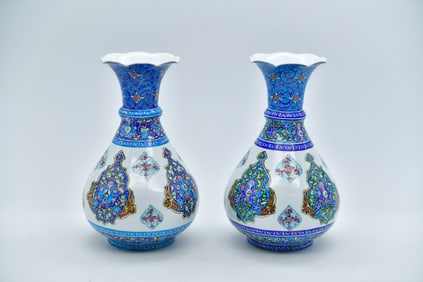 Pair of Antique Persian Hand-Painted Enamel Metal Vases