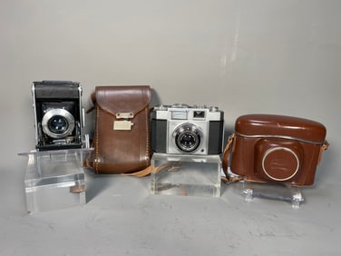 Two Vintage Germany Cameras with Leather Case, Voigtlander & Zeiss Ikon