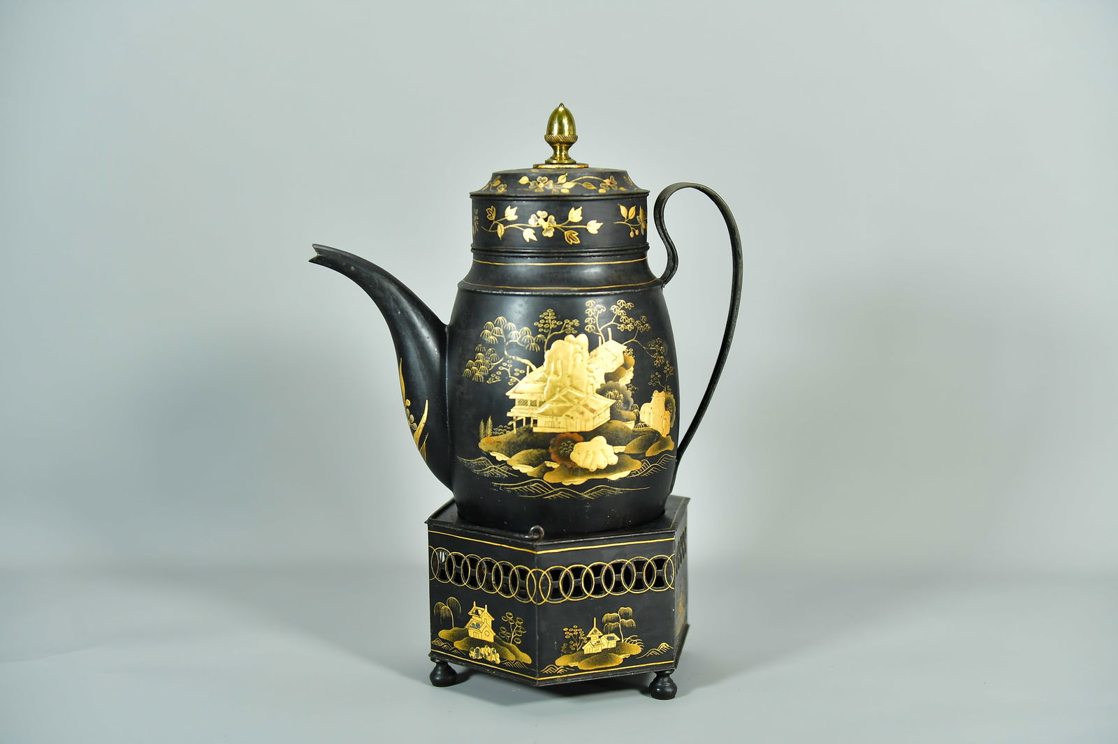 Meiji Period Antique Japanese Mixed Metal Tea Kettle w/Hexagon Brazier (1 of 8)