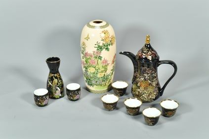 Lot of 9 Vintage Japanese Black & Gold Porcelain Tea Set & Sake Set w/Maker Signed