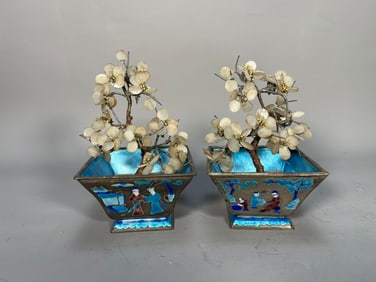 Pair of Antique Chinese Figures Cloisonne Square Enameled Metal Bonsai Planters
