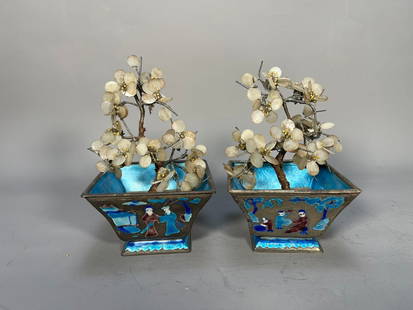 Pair of Antique Chinese Figures Cloisonne Square Enameled Metal Bonsai Planters: Pair of Antique Chinese Figures Cloisonne Square Enameled Metal Bonsai Planters w/Jade Tree. Measures approx. 4"L x 4"W x 2"1/2H; "CHINA" mark, In good condition, (Stand Not Included)
