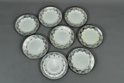 Group of 8 Vintage Mintons Higgins & Seiter Porcelain Plates w/Sterling Silver Decorative Surround