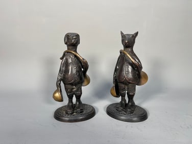 Set of 2 Antique Bronze Fox & Dog Figurines Dressed in Hunting Attire