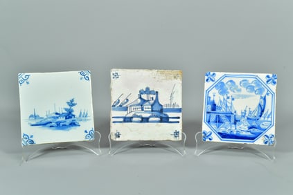 Lot of 3 Antique Dutch Delftware Blue & White Porcelain Tiles