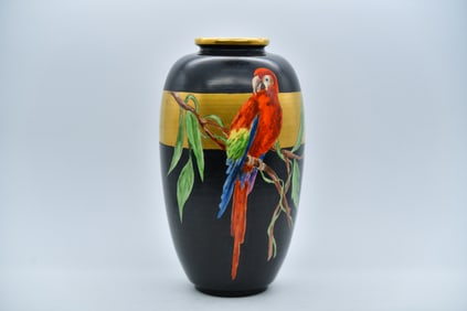 Vintage Unique Hand-Painted Parrot Ceramic Pottery Vase Signed By R.K