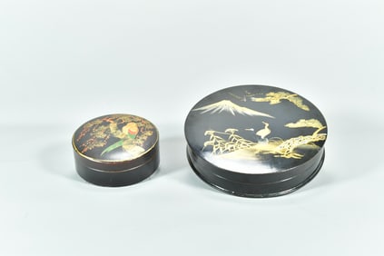 Two Vintage Antique Japanese Hand-Painted Parrot & Crane Black Lacquer Wood Round Boxes