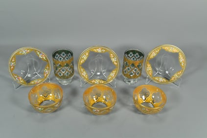 Lot of 8 1800's Bohemian Moser Raised 22K Gold Gilt & Hand Enameled Glass Bowls & Plates & Footed