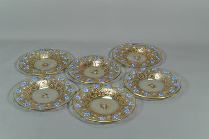 Lot of 6 Antique French Moser Raised 22K Gold Gilt & Hand Enameled Glass Plates, 1800's