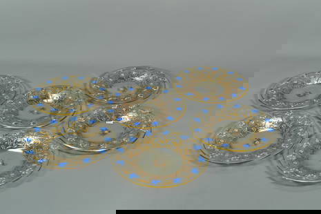 Lot of 6 Antique French Moser Raised 22K Gold Gilt & Hand Enameled Glass Plates, 1800's: Lot of 6 Antique French Moser Raised 22K Gold Gilt & Hand Enameled Glass Plates, C.1800's. Diameter 8"; in good condition, (Stand Not Included)