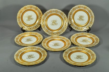 Lot of 8 19th Century Antique Minton 24K Gold Gilt Pottery White Bone China Plates