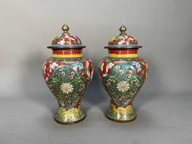 Pair of Antique Chinese Copper Cloisonne Lidded Vases w/Vibrant Colors Floral Patterns