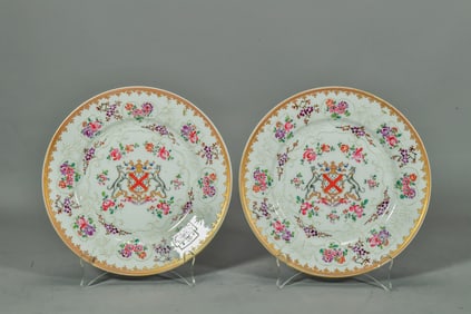 Pair of Antique Hand-Painted Floral Armorial Porcelain Plates w/Maker's Mark