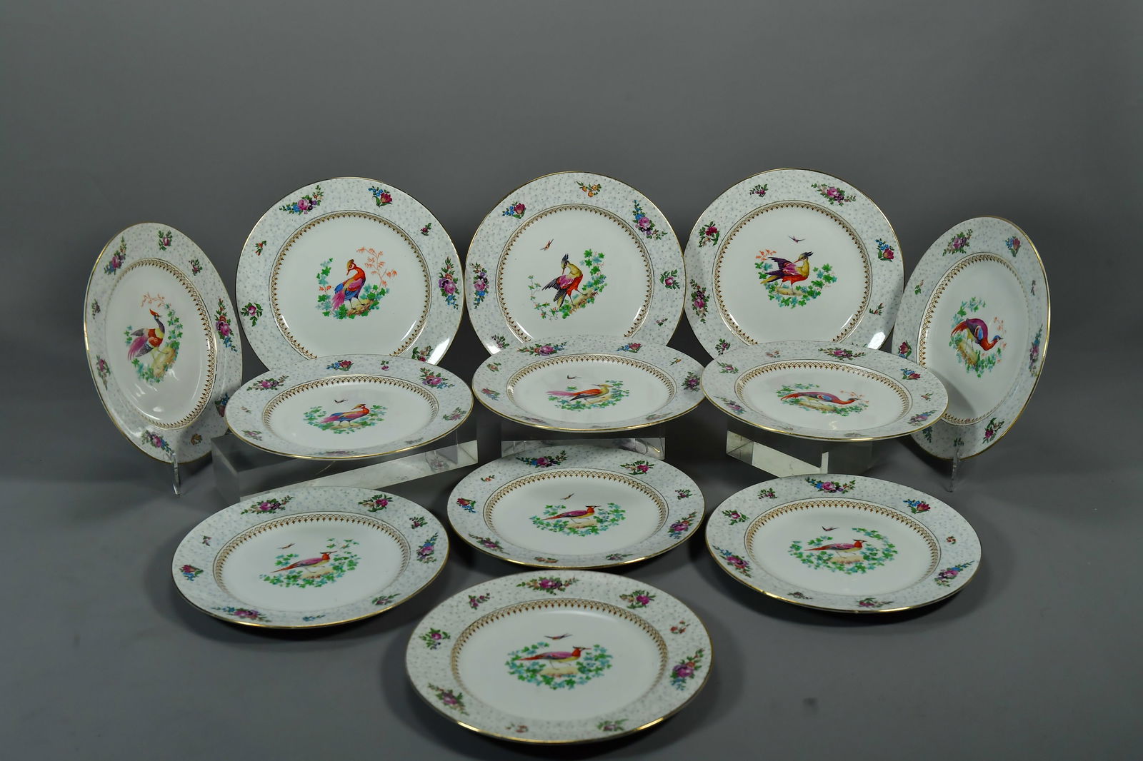 Lot of 12 Antique Tiffany & Co NY Booths Bowing Pheasant Bird Plates, 8"3/4 Diameter (1 of 5)