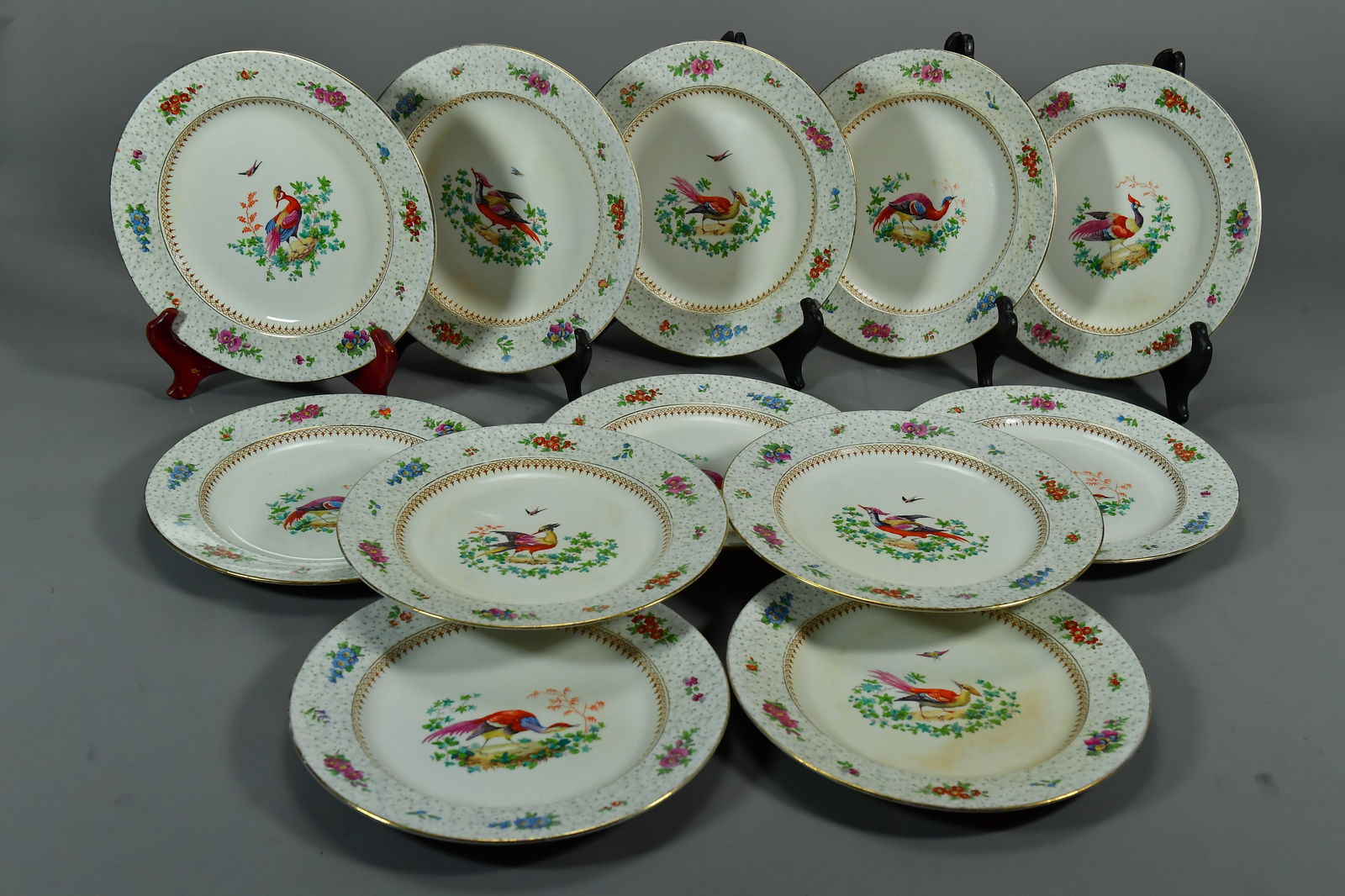 Lot of 12 Antique Tiffany & Co NY Booths Bowing Pheasant Bird Plates, 9"3/4 Diameter (1 of 5)