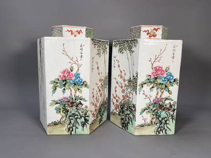 Large Pair of Antique Chinese Famille Rose Lidded Hexagonal Porcelain Tea Caddies: Large Pair of Antique Chinese Famille Rose Lidded Hexagonal Porcelain Tea Caddies. Beautifully features detailed and hand-painted six-sided scenes, including birds, insect, flowers and matching inscri