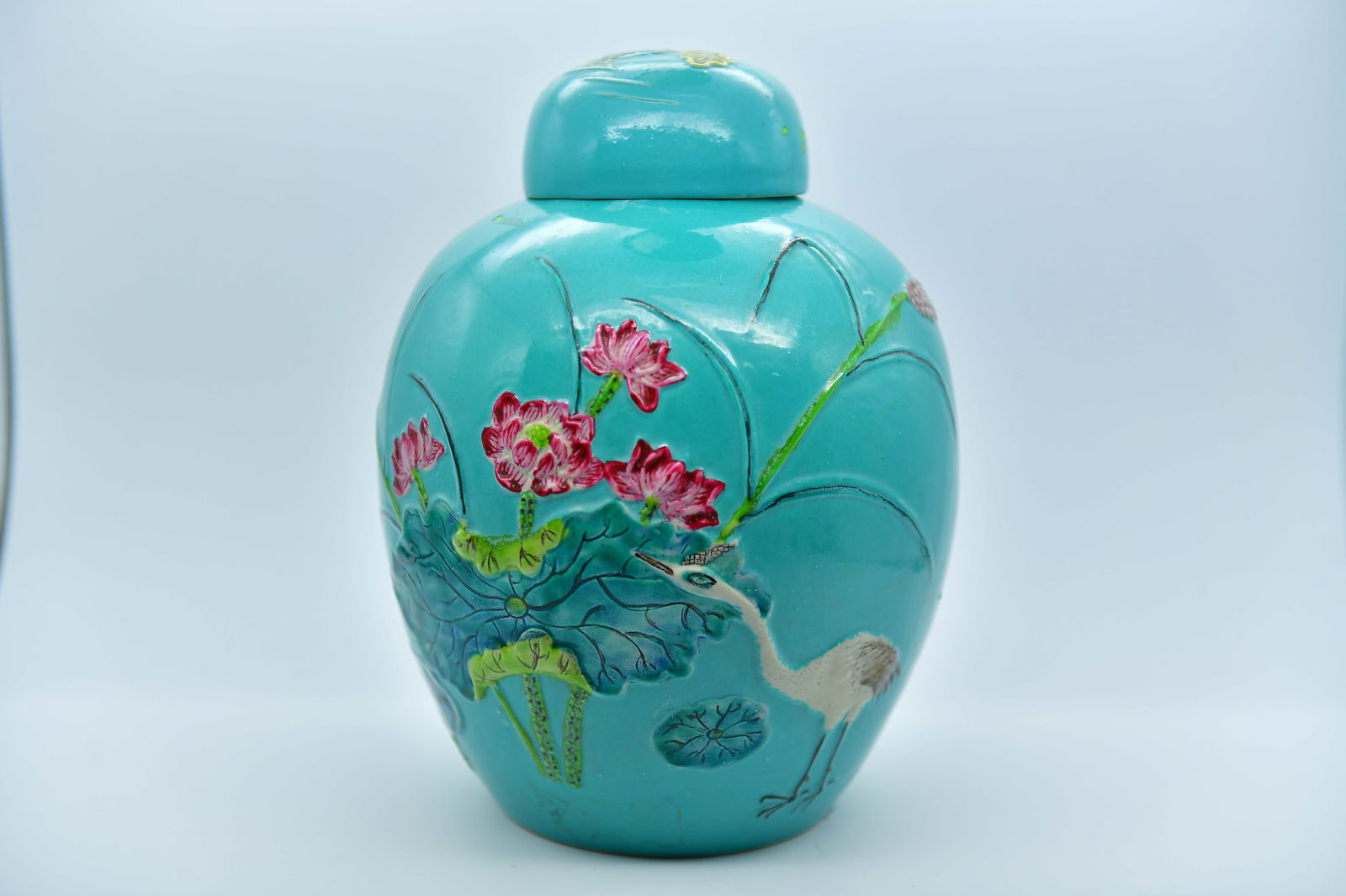 Antique Chinese Turquoise Glaze Porcelain Lidded Ginger Jar w/Raised Flowers & Crane Pattern (1 of 7)
