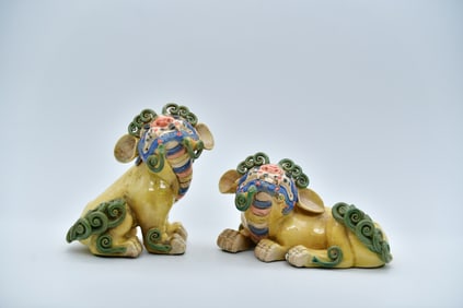 Two Lovely Antique Chinese Handmade Ceramic/Pottery Foo Dog Figures Sculptures w/Maker's Mark
