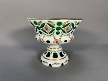 Antique Czech Bohemian Hand-Painted White & Green Glass Compote
