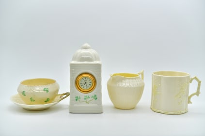 Set of 5 Vintage Belleek Shamrock Pattern Porcelain Sugar Bowl, Tray & Cashel Clock