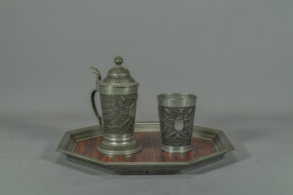 Vintage Gorham Pewter PH28 Octagon Tray & Two Pewter Beer Stein & Cup by ASN