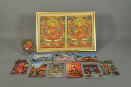 Framed Vintage Tibetan Buddhist Silk Brocade, Bronze Carved with Dalai Lama Photograph & 9 Tibet