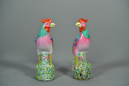 Pair of Antique Chinese Famille Rose Porcelain Bird Phoenix Figurine Statues