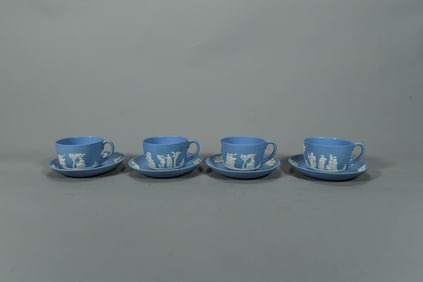 Set of 4 Vintage Wedgwood Jasperware Pale Blue Teacups & Saucers