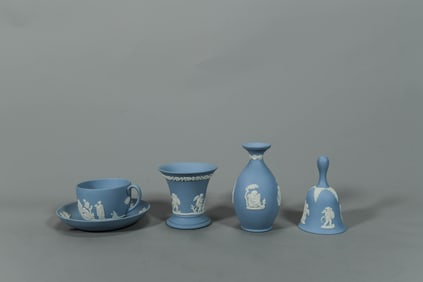 Group of 5 Vintage Wedgwood Jasperware Pale Blue Teacup & Saucer, Bell & Vases
