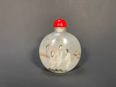 Rare Large Vintage Chinese Reverse-Painted Glass Perfume/Master Snuff Bottle w/Red Stopper