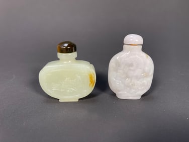 Two Vintage Chinese Jade Stone Carved Snuff Bottles w/Stopper