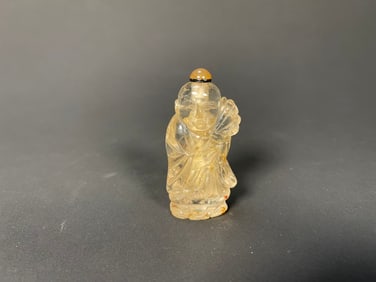 Old Antique Chinese Hand-Carved Crystal Figure Statue Snuff Bottle w/Agate Stopper