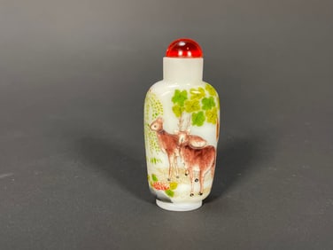 Antique Chinese Peking Glass Famille Rose Enamel Triple Deer Scene Snuff Bottle w/Red Stopper