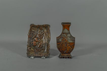 Two Exquisite Vintage Antique Asian/Japanese Bronzed Metal Figural Vase & Rectangular Trinket Tray