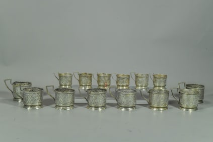 Lot of 14 Antique Persian/Russia Handmade Textured Metal/Silver Alloy Teacup Holders, 19th C