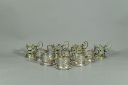 Lot of 10 Antique Persian/Middle Eastern Handmade Textured Metal/Silver Alloy Teacup Holders