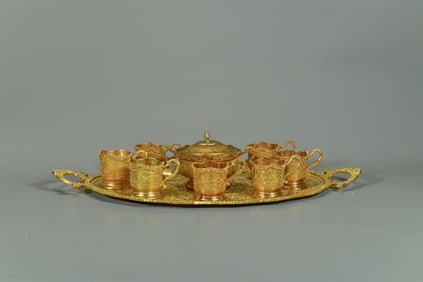 Lot of 10 Antique Persian/Middle Eastern Handmade Brass Teacup Glass Holders, Lidded Sugar Jar &