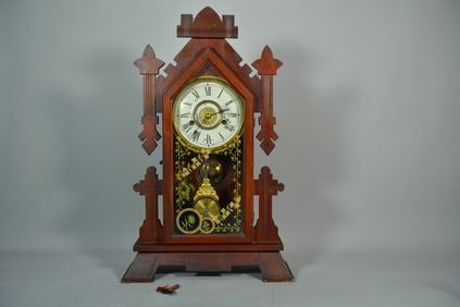 Old Antique Wooden Carved Mantel Pendulum Clock by New Haven Clock Company