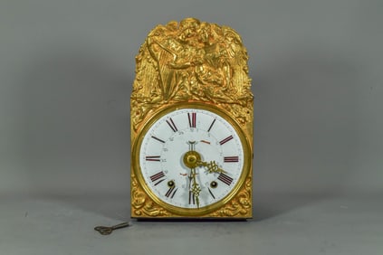 19th Century French Wall Clock w/Ornate Brass Repousse Front & Enameled Face